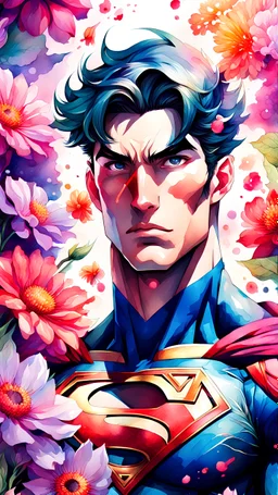 Abstract watercolor anime art of a super man surrounded by flowers, 8k, stunning intricate details, by artgerm surreal 8K image