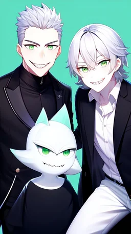 plauge doctor in balck leather coat and suit with silver hair, pale skin and bright green eyes smiling with sharp teeth, nice young face, male, viscious smile