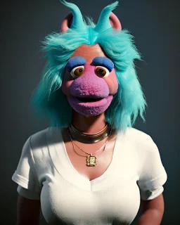 Waist up Portrait, hybrid character, waitress woman with monster muppet mask that covers her entire head, retro style, Sesame Street style, smooth, unreal engine 5, god lights, ray tracing, RTX, lumen lighting, ultra detail, volumetric lighting, 3d.