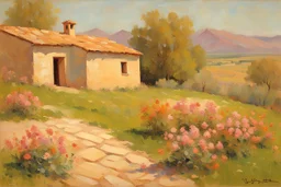 Sunny day, mountains, distant adobe house, flowers, spring trees, stone wall, spring, ludwig dettman and friedrich eckenfelder impressionism paintings