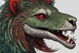 A strange, beautiful creature that resembles Predatory a lion and resembles a crocodile, with fur like a peacock. A glowing red tattoo decorated with appendages
