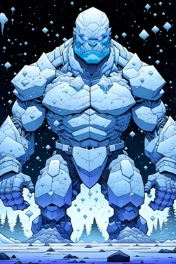 A large golem made of ice. Its eyes are blue. It has a humanoid shape. It is surrounded by snow. It is snowing around it. Whole figure. Comic-book style.