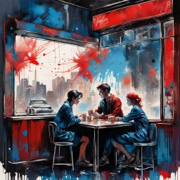 long profile shot of Young man and woman sitting opposite at a vintage booth in a 1950s diner beside a large window with nighttime small city behind it, textured Speed paint with large rough brush strokes, red and blue colors, watercolor, heavy paint splatter, by Carne Griffiths, Russ Mills, by Dino Valls, masterpiece, particles, fine art, red tones, quaint, nostalgic, romantic