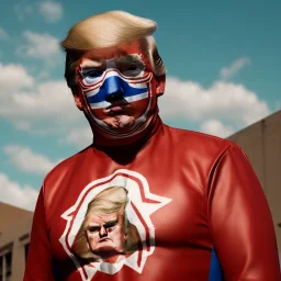 realistic image of donald trump as a mexican wrestling fighter posing outdoors, Mexican eyes wrestling mask, red and blue breeches, suspenders, retro style, 80s, vibrant color, highly detailed, sky background, concept art, unreal engine 5, god rays, ray tracing, RTX, lumen lighting, ultra detail, volumetric lighting, 3d, finely drawn, high definition, high resolution.