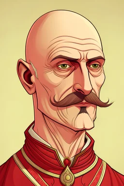 grand et imposant homme chauve avec une belle moustache blanche bien taillée vêtu d'une chemise rouge à carreaux