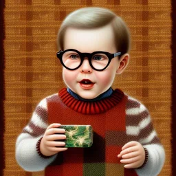 Peter billingsley chubby kid Tortoise-shell glasses, Holding a ((dark red soap block)) in his hand, brown argyle sweater