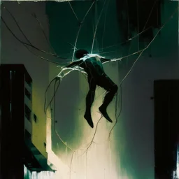 Minimal abstract oil painting of a falling person limbs sinew. Amongst concrete fragments architecture and hanging wires illuminated at night. In the style of Justin Mortimer and Phil Hale and Ashley Wood