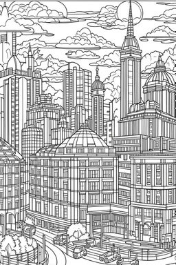 various architectural landmarks and cityscapes, coloring book page, simple and clean line art, adult drawing book, black and white, crisp black lines, no shades, sharp lines, coloring book for adults, cartoon style, landscape