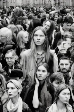 There's a crowd of people gathered in a Paris scenery between shops. They are viewed in black and white .They look emotionless. A close and personal photo of One beautiful woman who is in the middle of the crowd and she stands out from them, has striking eyes and long hair, looks up to the sky and smile. High detail, digital art. The shops in the background is painted with oil brush strokes