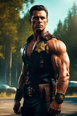 Handsome muscular sheriff standing by the roadside, trees in the background. photorealistic. 4k. urban fantasy