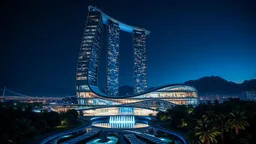 A futuristic skyscraper at night, designed with sweeping hyperbolic curves, where the entire façade is made of reflective glass. The building rises gracefully toward the sky, with its symmetrical hyperbolic arc creating a sense of balance and elegance. Surrounding the structure are lush floodlit gardens and flowing water features that mirror the curves of the building. There are mountains in the distance. Darkness at midnight. Award-winning photograph.