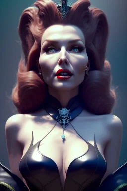 Rita Hayworth as evil queen in black leather, leather, busty, cleavage, angry, stern look. character design by cory loftis, fenghua zhong, ryohei hase, ismail inceoglu and ruan jia. unreal engine 5, artistic lighting, highly detailed, photorealistic, fantasy