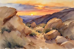 Sunset, rocks, mountains, rocky land, epic, john singer sargent watercolor paintings