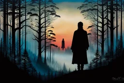 a backdrop of dusk a solitary figure silhouette of a person, is depicted, moving away from the viewer into a dense forest in a misty landscape, hinting at the need for secrecy and seclusion. The colors could be muted, evoking a sense of mystery and suspense. deep colors, harmonic stunning colors transition, black ink, mystic, surreal style, detalied, high textures, alone mood