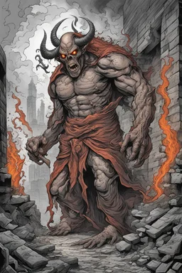 demon in smoke, dust, attraktive demon in hell, dark magic, light red black and white dark grey , dark steel dark red, orange, grey light orange, dark evening, comics, dark things in hell, dirty, brick wall, shadow, smoke, fire, professional ominous concept art, by comcs style, highly detailed, digital painting, black ink, masterpiece