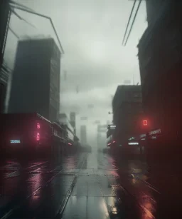 dystopian, empty city, cyberpunk, raining, stormy, dark, at night