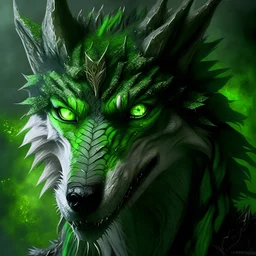 wolf with green dragon krills, he looks at the camera