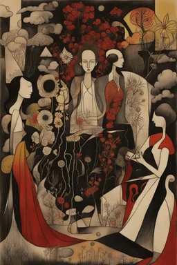 Schiță în creion de Jean Cocteau reprezentand o imagine pe tema natura statica cu oameni si flori , cu culori primare tari, fantezie de înaltă definiție calitate clară, stiluri de Utagawa Hiroshige, Paul Klee Dee Nickerson și Tim Burton, acuarelă topită și contururi de cerneală neagră pe hârtie umedă, linii moi, umbrite