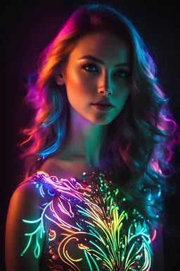 Photo half body, Beautiful woman with dress art neons glowing bright light in the dark and colorful details