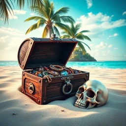 Pirates treasure chest half buried in the sand of a tropical island cracked open and overflowing with jewelry and jewels, palm trees in background, skull in sand near the chest, azure waters dramatic, digital photography, realistic