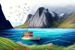 Colored pencil drawing of Norway, mountains, ocean, small fisher boat, very detailed, realistiv