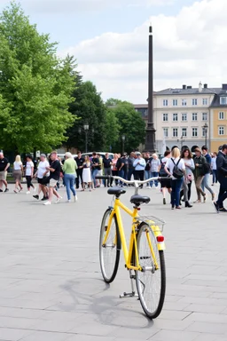 en dag på vällingby torg, en massa folk och en gul cykel