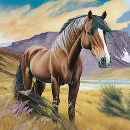 Color drawing of Mustang horse in beautiful landscape