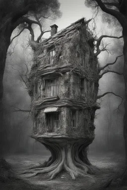 surrealis monochrome A fragmented, surreal sculpture liguid color of photorealistic image 3d,psychedelic art of a house surrounded by trees-glossy emerging from dreamlike a crumbling building. The face with with no eyes nothing appears pale with deep cracks and intricate details, evoking a haunting expression. Blackened tree branches intertwine with the gold mengkilat cracks, set against a backdrop of stormy, cloud-filled skies. bauhaus art The overall tone is dark and moody,
