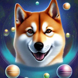 shiba inu in a pool of orbs