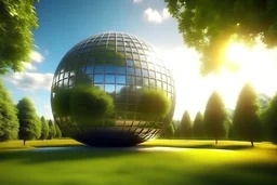 photorealistic image of a spherical building against a background of nature, summer sunny day