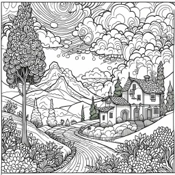 Outline art for coloring page with a cute mountain landscape white background, sketch style, only use outline, clean line art, white background, no shadows, clear outline reprezentand o imagine pe tema halucinatiilor provocate de droguri , cu culori primare tari, fantezie de înaltă definiție calitate clară, stiluri de Utagawa Hiroshige, Paul Klee Dee Nickerson și Tim Burton, acuarelă topită și contururi de cerneală neagră pe hârtie umedă, linii moi, umbrite