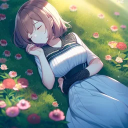 anime girl sleeping in a field of flowers