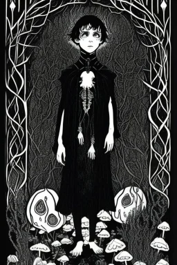 7 year old boy, necromancer, friendly, looks dead, with weird mushrooms growing out of him, wearing black robes, in the style of Harry Clarke