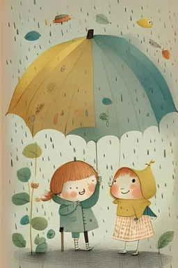 Illustrated children's book page, friendly, quirky umbrella