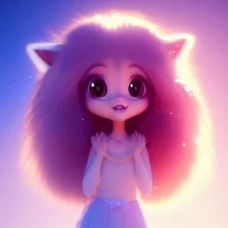 Cute beautiful princess fox kawai girl in the moonlight; beautiful eyes with beautiful eyelashes, glowing aura, shimmering light, magical world, extremely detailed long curly fur, high quality picture, beautiful full volumetric lighting, cinematic shimmering illumination, brilliant coloring, smooth, sharp focus, crispy quality, vray; Pixar, Disney, Artstation; HD, HDR, SF, CGSociety, 16k, photorealistic, unreal engine