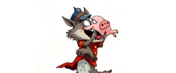 wolf carrying a scared pig general up into the air, stupid cartoon, airbrush and pen outline
