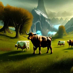 Epic Drawing of mordor scenery with cows of The Hobbit estilo Van Gogh 4k