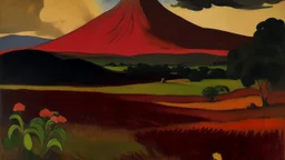 A brownish red field near a volcano painted by Paul Gauguin