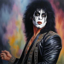 Paul Stanley wearing Kiss makeup, Facial Portrait, dark, multicolored watercolor stained wall in the background, oil painting in the art style of Boris Vallejo, 32k UHD, Hyper realistic, photorealistic, realistic, sharp, highly detailed, professional quality, beautiful, awesome, majestic, superb, trending on artstation