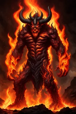 giant, horned beast covered in flames, with a demonic presence to him. His body appears to be made of pure molten lava, as his skin is darkened and cracked open, revealing lava underneath it. Whenever he uses his attacks, flames burst out of his body, revealing more of his fiery self hidden underneath his molten skin.
