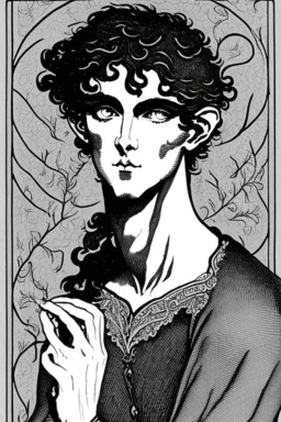 Black haired blue eyed freckled young male satyr alchemist in the style of aubrey beardsley