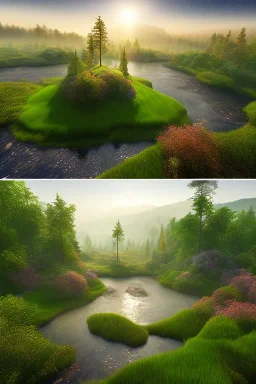 Dome a facettes transparant ultra réaliste, brouillard, prairie,riviers animé, soleil, ciel étoilé cgi,