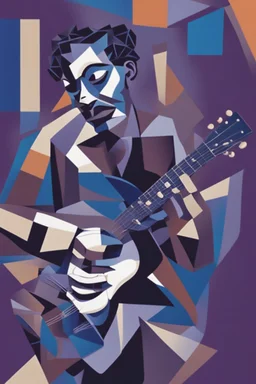 A captivating, cubist-inspired image of a guitarist with a cigar in his mouth, using fragmented shapes, lines, and a dark purple and blue color palette to deconstruct the subject's features and express the abstract and freeform jazz, music notes in the background that are making psychedelic patterns