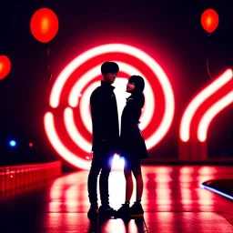 photo of a couple in an alternate universe in seoul; romantic; realistic; rain; neon signs, red balloons