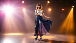 very beautiful 1 lady with makeup bob hair pretty long skirt and bluose high heels, full body dancing gracefully in modern stage,dynamic lights
