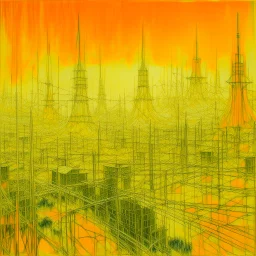 A light yellow metropolis with electrical towers painted by Vincent van Gogh