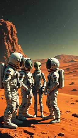 3 astronauts talking to 4 aliens on mars