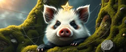 the high speed magical face of a fluffy panda pig star with charm and head set in web from mossy tower, master oil painting by Rembrandt and Escher, in his moss covered space ship , brightened edges to give a sense of depth, motion blur