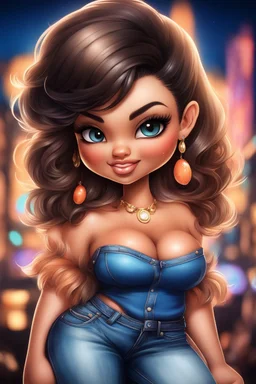 create an airbrush illustration of a chibi cartoon curvy polynesian female wearing Tight blue jeans and a peach off the shoulder blouse. Prominent make up with long lashes and hazel eyes. She is wearing brown feather earrings. Highly detailed short black shiny pixie hair cut that's flowing to the side. Background of a night club.