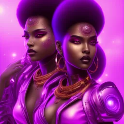 full body shot, masterpiece, best quality, family of three, black skinned, sparkling eyes, fluorescent skin,purple-dark makeup, gangsta style , highly detailed body, afrofuturism, sun light, 4K, RAW, depth of field, high contrast, realistic details, 24mm